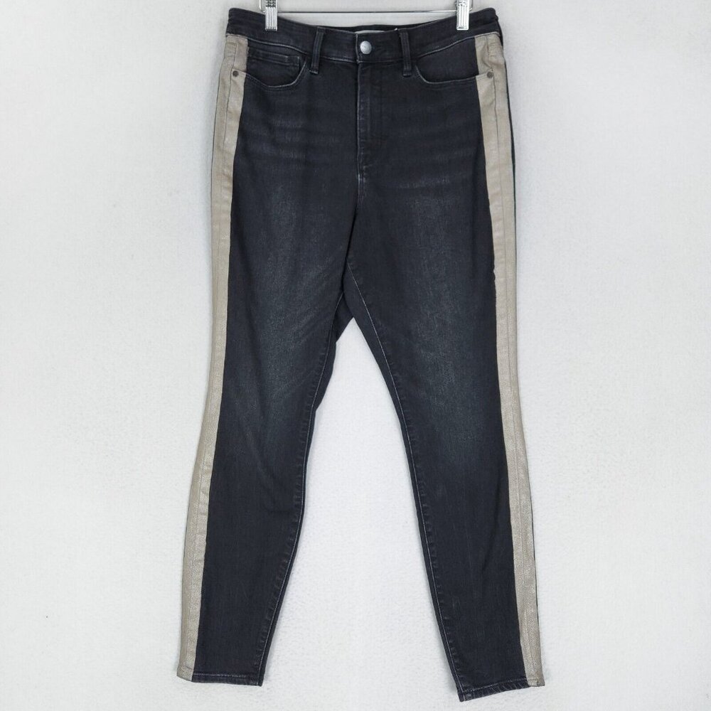 Athleta Jeans Womens 12 Petite Black Skulptek Skinny Leg Hi Rise Metallic Stripe
